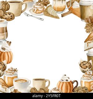 Cocktail autunnali e dessert di pasticceria Frame. Dolci e bevande autunnali. Illustrazione degli alimenti ad acquerello isolata su sfondo bianco per il Ringraziamento e fal Foto Stock