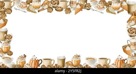 Cocktail autunnali e dessert di pasticceria con cornice orizzontale. Dolci e bevande autunnali. Illustrazione degli alimenti ad acquerello isolata su sfondo bianco per Thanksgiv Foto Stock