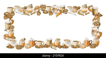 Cocktail autunnali e dessert di pasticceria con cornice orizzontale. Dolci e bevande autunnali. Illustrazione degli alimenti ad acquerello isolata su sfondo bianco per Thanksgiv Foto Stock