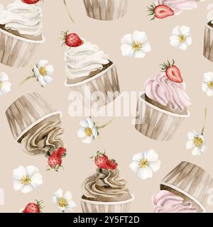 Cupcake con fragole e fiori. Acquerello senza cuciture su sfondo beige con muffin e frutta per pasticceria, tessuto da tavola, Foto Stock