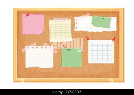 Appunti, promemoria su carta con spilla, nastro adesivo. Note, idee o elenchi fogli. Organizzatore, telaio in legno. Illustrazione vettoriale Illustrazione Vettoriale