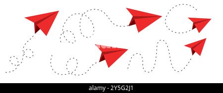 Linea tratteggiata rossa del piano di carta per disegnare uno stile di schizzo. Percorso, seguire l'idea. Elemento di design per viaggi di lavoro. Aereo di carta. Illustrazione vettoriale Illustrazione Vettoriale