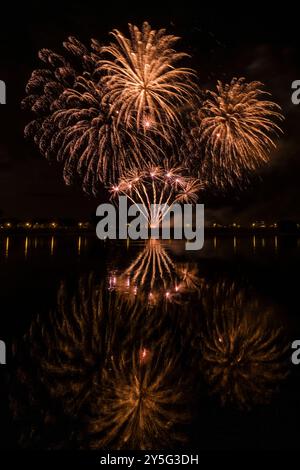 I colorati fuochi d'artificio, che fanno parte dell'evento Dresdner Schlössernacht, si riflettono nell'acqua del fiume Elba. Dresda Sassonia Germania FB 2024 2985 Foto Stock