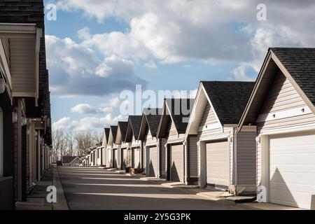 Garage di nuova costruzione separato sul retro delle case in Canada. Vialetto in calcestruzzo. Serranda per garage. Capannoni di garage in Nord America. Singolo Foto Stock