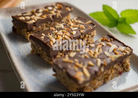 Barrette energetiche fatte in casa con avena, noci e cioccolato. Foto Stock