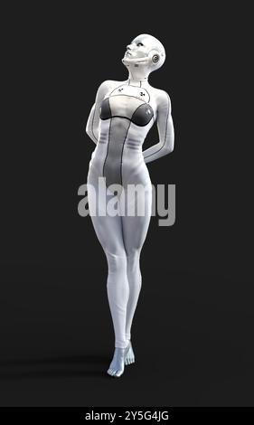 Illustrazione 3d di Una donna in posa cyborg su sfondo bianco. Foto Stock