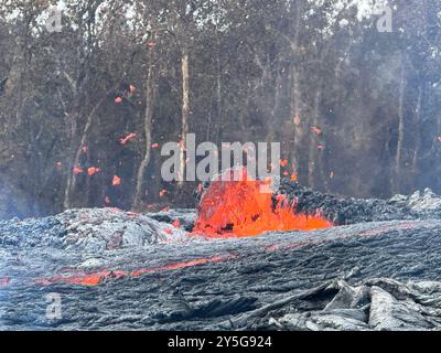 Kilauea, Stati Uniti d'America. 20 settembre 2024. Kilauea, Stati Uniti d'America. 20 settembre 2024. Una fontana di lava e un'eruzione di rana da una fessura occidentale all'interno del fondo del cratere Napau del vulcano Kilauea dalla recente eruzione della East Rift zone al Parco Nazionale dei Vulcani delle Hawaii, 20 settembre 2024 alle Hawaii. Crediti: Matthew Patrick/USGS/Alamy Live News Foto Stock