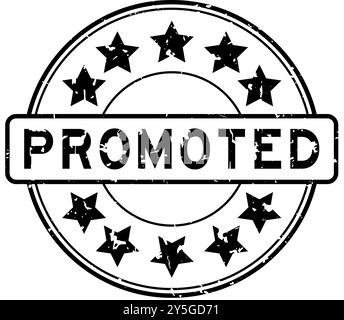 Parola promossa nera grunge con icona a stella timbro circolare in gomma su sfondo bianco Illustrazione Vettoriale