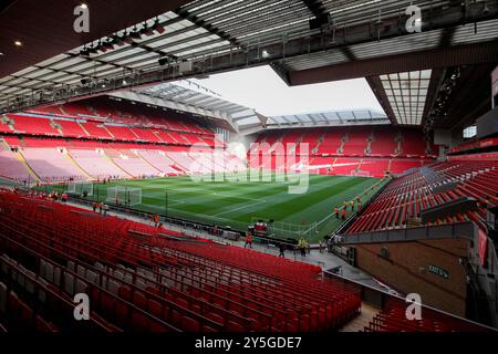 Liverpool, Regno Unito. 21 settembre 2024. Vista generale dal Kop guardando verso l'estremità di Anfield Road dello stadio di Anfield. Partita di Premier League, Liverpool contro Bournemouth ad Anfield a Liverpool sabato 21 settembre 2024. Questa immagine può essere utilizzata solo per scopi editoriali. Solo per uso editoriale. foto di Chris Stading/Andrew Orchard fotografia sportiva/Alamy Live News crediti: Andrew Orchard fotografia sportiva/Alamy Live News Foto Stock