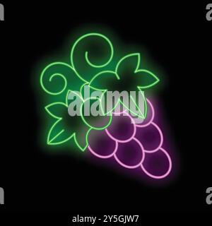 Vivace insegna al neon che illustra un gruppo di uva con foglie, brillanti su uno sfondo scuro Illustrazione Vettoriale