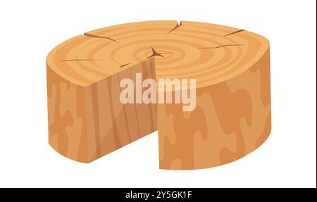 Immagine vettoriale di una fetta di tronco di legno con una sezione ritagliata, che mostra anelli di crescita e incrinature. Illustrazione Vettoriale