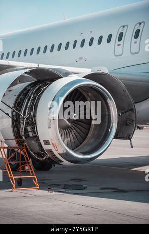 Manutenzione del motore di un aereo. Aerei passeggeri bianchi sul grembiule dell'aeroporto con porte chiuse aperte per interventi di manutenzione possono essere riparati. Foto Stock