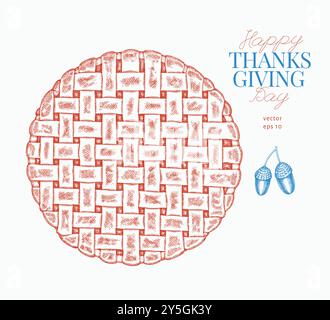 Illustrazione del piatto del Ringraziamento disegnato a mano vettoriale. Illustrazione del cibo natalizio. Torta vintage Illustrazione Vettoriale