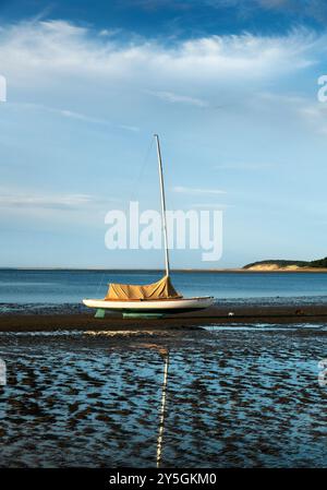 Barca a vela ancorata su pianali mareali, Wellfleet, Cape Cod, Massachusetts, Stati Uniti. Foto Stock