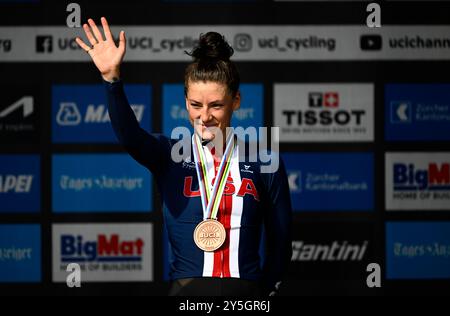 Zurigo, Svizzera. 22 settembre 2024. LA US Chloe Dygert è stata sul podio dopo la gara di cronometro individuale femminile ai Campionati del mondo 2024 UCI Road e Para-Cycling Road, domenica 22 settembre 2024, a Zurigo, Svizzera. I Mondi si svolgono dal 21 al 29 settembre. BELGA PHOTO JASPER JACOBS credito: Belga News Agency/Alamy Live News Foto Stock