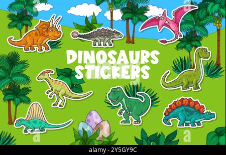 Confezione di adesivi con simpatici personaggi dei dinosauri cartoni animati in un paesaggio naturale. Toppe vettoriali cartoni animati per bambini con divertenti specie di animali dinosauri in mezzo a una vegetazione lussureggiante, che evocano divertimento, immaginazione e creatività Illustrazione Vettoriale