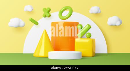 Podio per bambini con elementi matematici e figure geometriche. piedistallo circolare vettoriale 3d con cono, cubo, cilindro, meno, moltiplicazione, simboli zero e percentuali per promuovere l'educazione o la vendita dei bambini Illustrazione Vettoriale