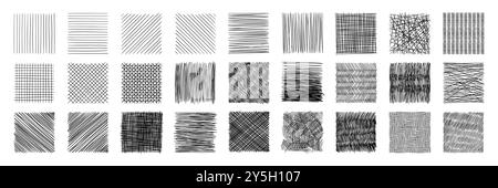 I motivi di campitura delle linee vanno da semplici a complessi, offrendo una varietà di texture e stili artistici. Set vettoriale di sfondi astratti monocromatici disegnati a mano. Ombreggiatura a matita con tratteggio incrociato Illustrazione Vettoriale