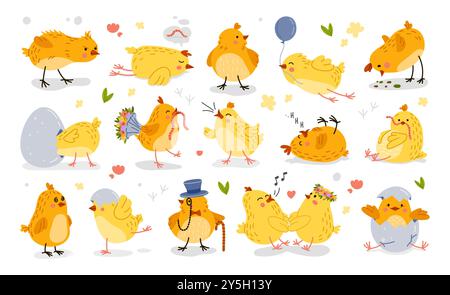 Cartoni animati simpatici personaggi di pulcino, carino set vettoriale per uccelli di Pasqua. I piccoli personaggi di pollo di Kawaii si schiudono dal guscio d'uovo, indossano un abbigliamento da gentiluomo, si preparano a combattere, dormono, si beccano i chicchi e si cinguettano Illustrazione Vettoriale
