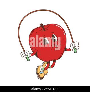 Corda per saltare personaggi retrò Cartoon Groy Mela con un'espressione determinata. Il personaggio di frutta funky vintage vettoriale maturo isolato promuove uno stile di vita sano, esercizi cardio e attività sportive Illustrazione Vettoriale