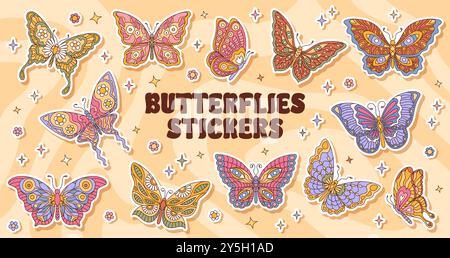 Confezione di adesivi per insetti a farfalla scanalati. Toppe vettoriali cartoni animati per decorare o scrapbooking con farfalle stravaganti adornate da motivi intricati e motivi floreali, che evocano un'estetica retrò Illustrazione Vettoriale
