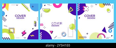 Banner geometrico Square Memphis. Copertine vettoriali astratte colorate con elementi in stile Memphis. sfondi alla moda retrò-moderni, modelli di social media con forme giocose e colori vivaci Illustrazione Vettoriale