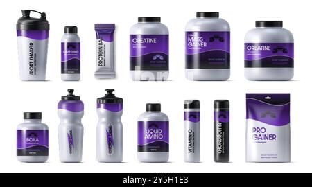 Pacchetti nutrizionali per lo sport. Simulazioni vettoriali 3d realistiche di frullati proteici, creatina, sgranatori di massa, barre proteiche, bcaa, bevande energetiche e supplementi. Imballaggi per prodotti per il fitness e il bodybuilding Illustrazione Vettoriale