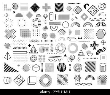 Forme geometriche monocromatiche memphis. Serie vettoriale di cerchi, quadrati, triangoli e punti, linee, onde, incroci e cilindri con piramidi. Elementi o figure retrò astratti in stile anni '80 Illustrazione Vettoriale