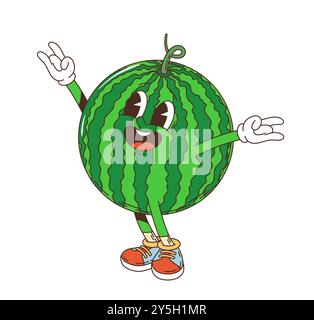 Personaggio retrò Cartoon Groovy Watermelon. Personaggio di frutta vintage vettoriale isolato che fa divertenti gesti delle mani con un'espressione felice. Cocomero estivo maturo dallo stile funky con dettagli facciali espressivi Illustrazione Vettoriale