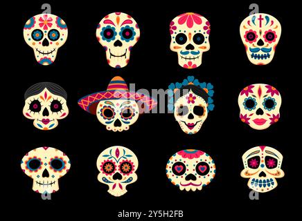 Teschi messicani di zucchero calavera, giorno della festa dei morti. Dia de los muertos personaggi divertenti. Set vettoriale cartoni animati di crani umani adornati con sombrero e motivi floreali. Simboli tradizionali di festival Illustrazione Vettoriale
