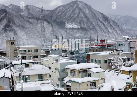 Nevicata fresca e pesante nella località sciistica giapponese di Yuzawa Foto Stock