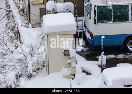 Nevicata fresca e pesante nella località sciistica giapponese di Yuzawa Foto Stock