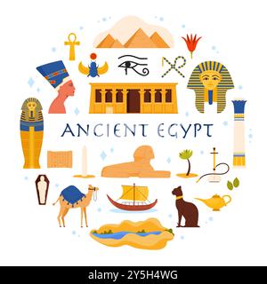 Viaggia verso l'Egitto, gli elementi dell'antica cultura egiziana e i luoghi di interesse in un banner infografico rotondo. L'occhio di Horus e il gatto Bastet, il paesaggio del Nilo e le piramidi di Giza illustrazione vettoriale dei cartoni animati Illustrazione Vettoriale