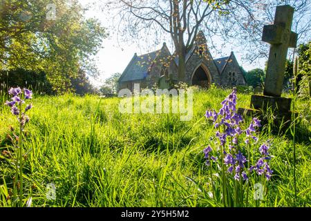 Un tranquillo cimitero di St Mary a Wandsswoth, Londra, in una soleggiata mattina di primavera Foto Stock