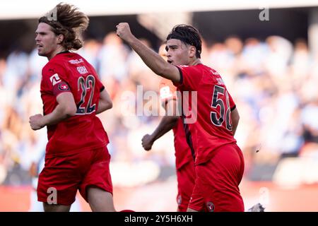 Randers, Danimarca. 22 settembre 2024. Aral Simsir del Midtjylland reagisce dopo aver pareggiato a 2-2 su un rigore durante il match di Superliga tra Randers FC e FC Midtjylland a Cepheus Park Randers domenica 22 settembre 2024. (Foto: Bo Amstrup/Ritzau Scanpix) credito: Ritzau/Alamy Live News Foto Stock