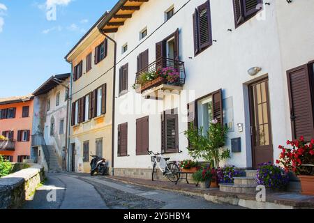 Un'affascinante fila di pittoresche case storiche a Solkan vicino a Nova Gorica, Primorska, Slovenia. Adornato con vivaci fiori estivi Foto Stock