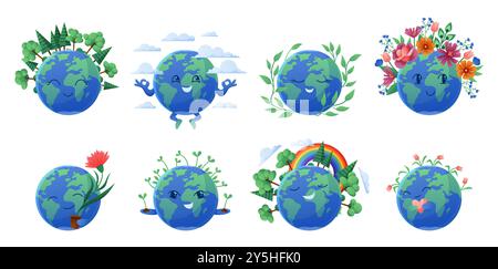 Set di personaggi del pianeta Happy Earth. Simpatici globi con volti e sorrisi carini, arcobaleno e fiori, mascotte per la protezione dell'ambiente, confezione di badge ecologici con illustrazione vettoriale dei cartoni animati della giornata della Terra Illustrazione Vettoriale