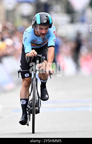 Zurigo, Svizzera. 22 settembre 2024. Il belga Victor Campenaerts nella foto al traguardo della gara individuale maschile di cronometro ai Campionati del mondo di ciclismo su strada e strada UCI 2024, domenica 22 settembre 2024, a Zurigo, Svizzera. I Mondi si svolgono dal 21 al 29 settembre. BELGA PHOTO JASPER JACOBS credito: Belga News Agency/Alamy Live News Foto Stock