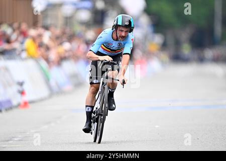 Zurigo, Svizzera. 22 settembre 2024. Il belga Victor Campenaerts nella foto al traguardo della gara individuale maschile di cronometro ai Campionati del mondo di ciclismo su strada e strada UCI 2024, domenica 22 settembre 2024, a Zurigo, Svizzera. I Mondi si svolgono dal 21 al 29 settembre. BELGA PHOTO JASPER JACOBS credito: Belga News Agency/Alamy Live News Foto Stock