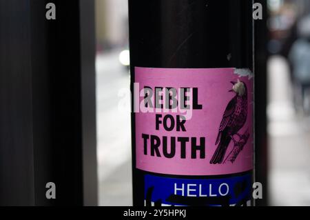 Londra, Regno Unito. 11 settembre 2024. Una ribellione per l'estinzione, un segno di ribellione per la verità su un lampost a Londra. Crediti: Maureen McLean/Alamy Foto Stock