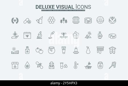 Certificato per miele, api, alveare, nido d'ape esagonale, cera per candele, illustrazione vettoriale dei simboli dei contorni neri sottili del cucchiaio e del vaso. Set di icone di prodotti a base di miele, apicoltore e linea apiaria. Illustrazione Vettoriale