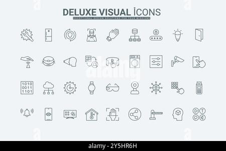 Accesso e controllo sicuri delle apparecchiature elettriche e delle impostazioni dei dispositivi con scansione oculare e impronte digitali sottili simboli di contorno neri illustrazione vettoriale. Tecnologia IoT, set di icone di linea per la casa intelligente. Illustrazione Vettoriale