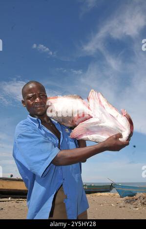 Un pescatore con pesce persico del Nilo nel lago Kasensero Victoria in Uganda Foto Stock