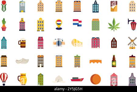 Questo vivace set di icone cattura l'essenza dei paesi bassi, mostrando i suoi simboli iconici, i simboli culturali e le prelibatezze deliziose Illustrazione Vettoriale