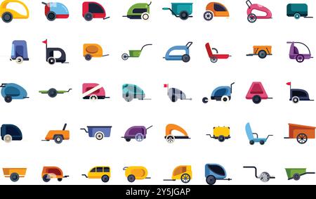 Collezione variegata di icone colorate dei rimorchi, che mostrano una varietà di tipi e scopi per i viaggi e il trasporto Illustrazione Vettoriale