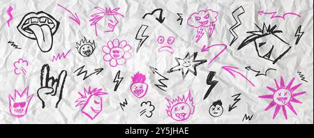 Grunge rock composto da elementi doodle rosa e nero. Matita di cera che disegna la bocca con la lingua appesa, pugni e facce di cartoni animati nella musica rock n roll Illustrazione Vettoriale