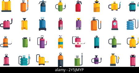 Varie icone dei recipienti a pressione nel moderno design piatto, bottiglie spray, estintori, bombole di ossigeno, irroratrici di pesticidi Illustrazione Vettoriale
