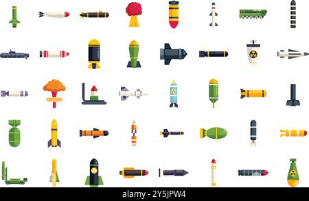 Missili e bombe militari che mostrano la minaccia della guerra nucleare con razzi ed esplosioni in stile piatto Illustrazione Vettoriale