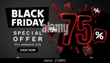 Black Friday 75%, offerta speciale, volantino con sconti. Vettore Illustrazione Vettoriale