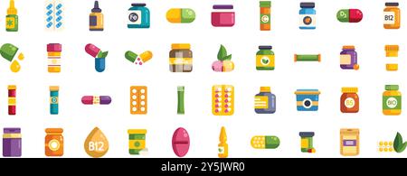 Questa collezione vibrante presenta una varietà di vitamine e integratori in varie forme, sottolineando l'importanza della salute e del benessere Illustrazione Vettoriale